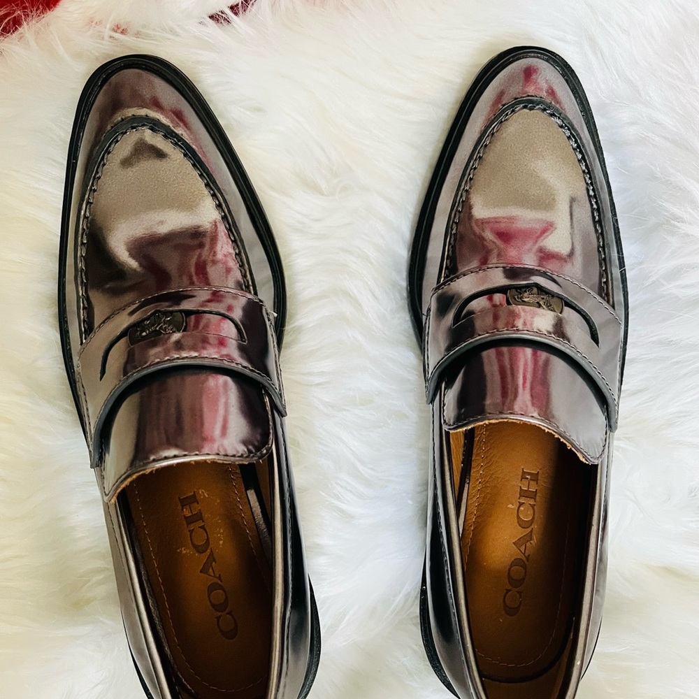 Coach Shoes/Authentic Coach Genuine leather Block Heel Gun Metallic Penny Loafer